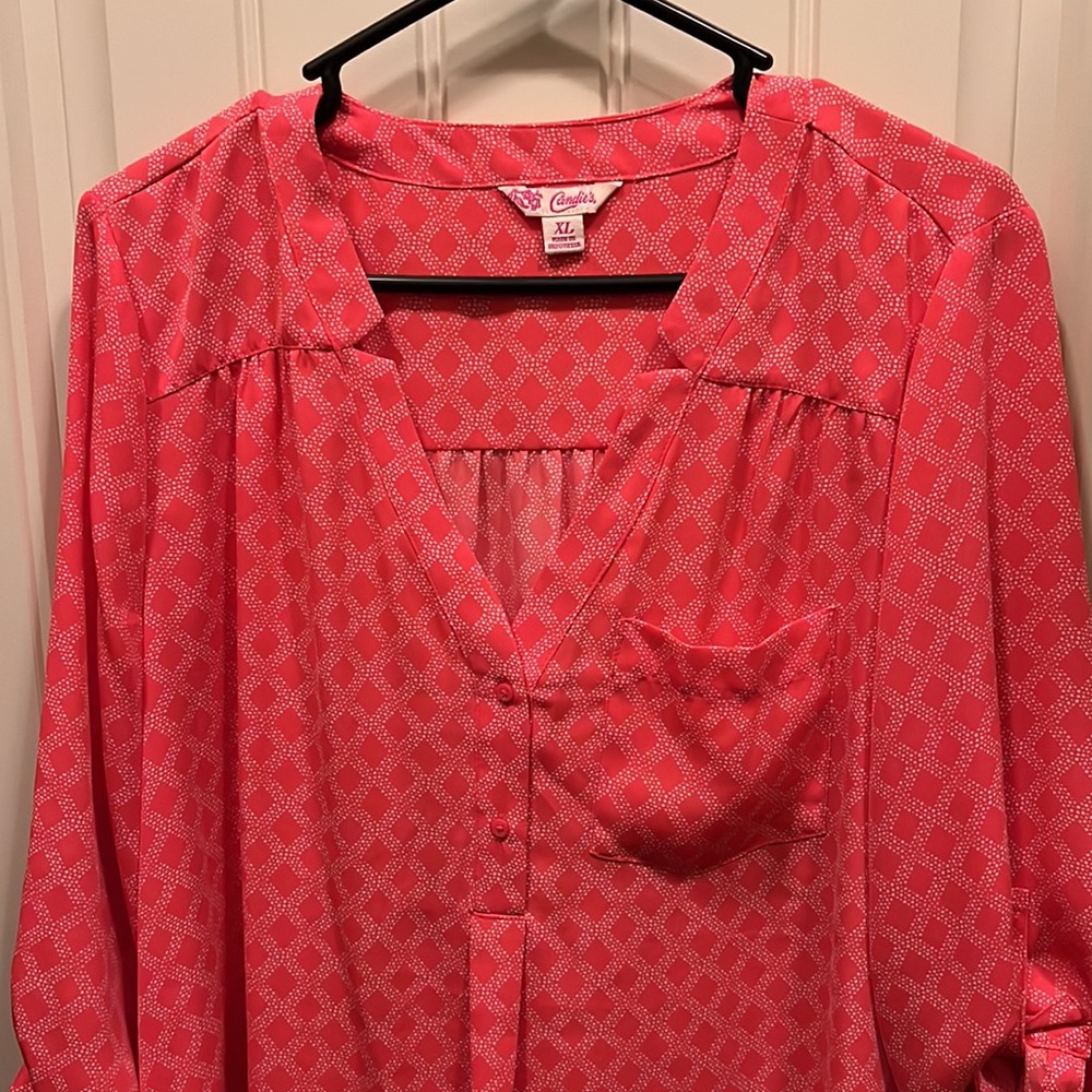 NWOT Candie’s Pink & White Collarless Blouse Shirt Pocket Yoke Roll-Up Sleeves